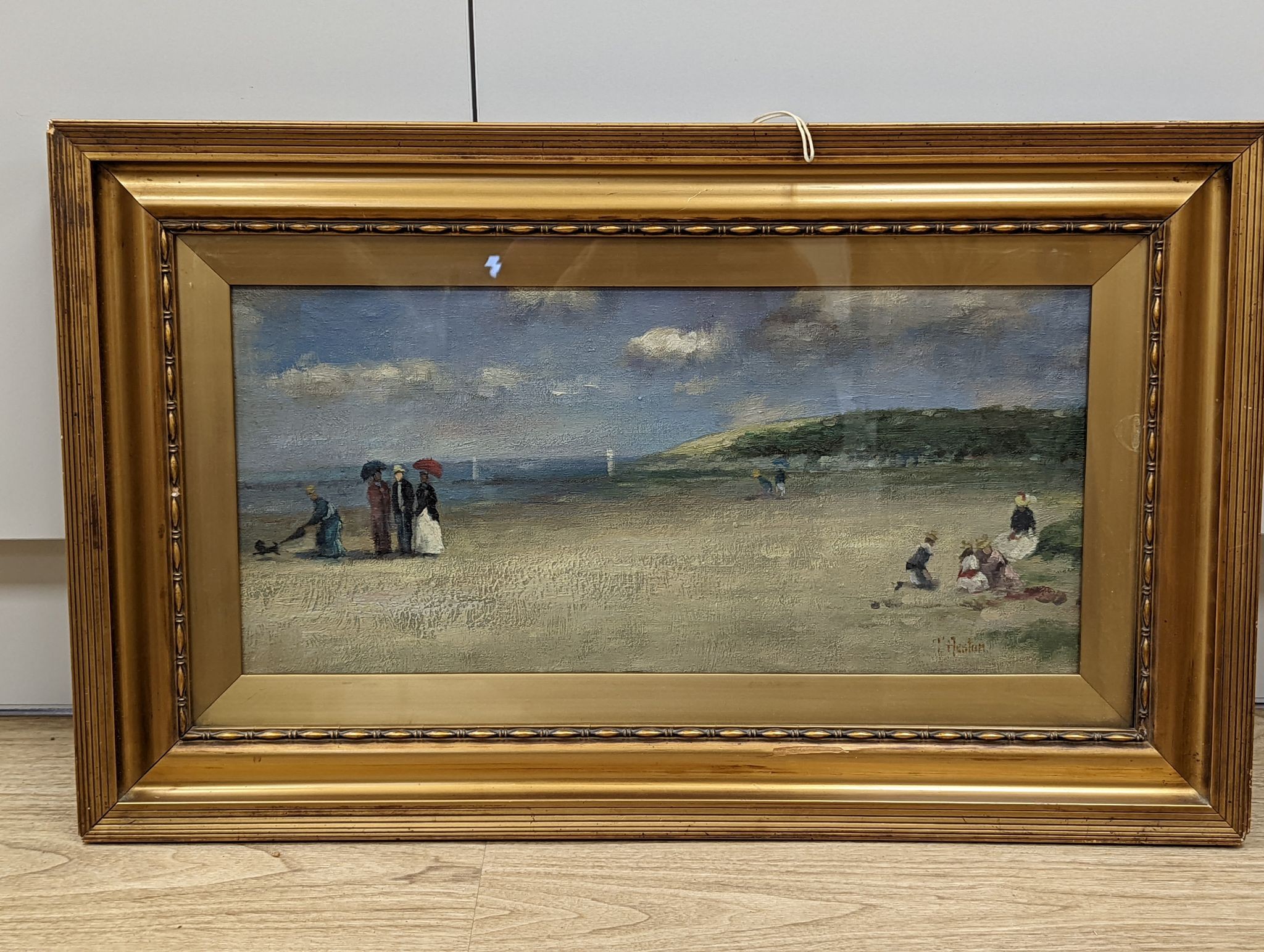 T. Heston, oil on card, Figures on a beach, signed, 24 x 52cm